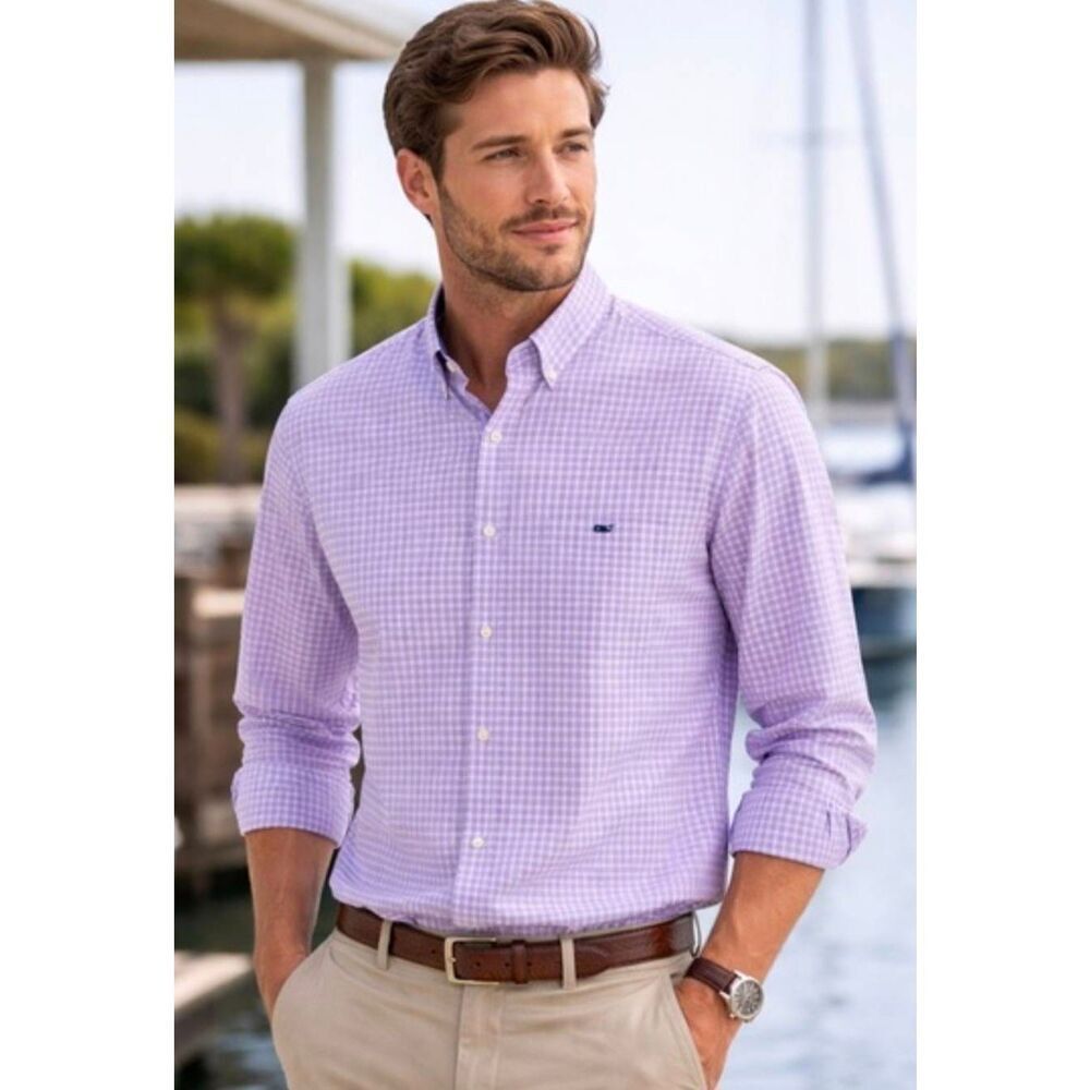 Vineyard Vines Purple Gingham Classic Fit Long Sleeve Button Down Shirt Preppy
